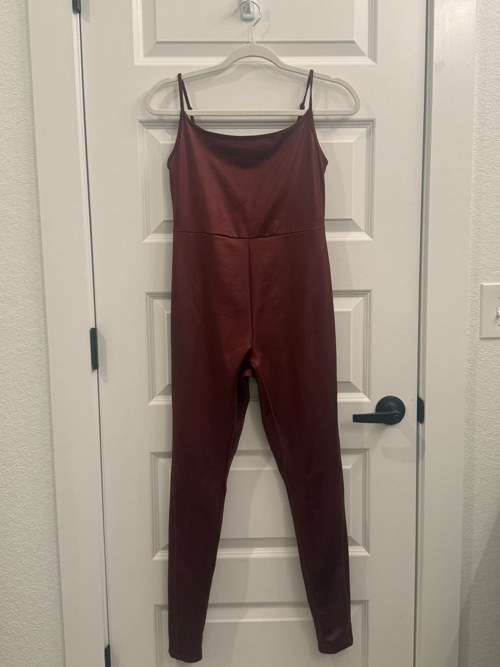 Burgundy Faux-Leather Jumpsuit with Spaghetti Straps